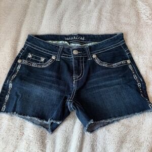 Maurices Y2K Denim Low Rise Mini Shorts Rhinestone Studded Womens Size 28